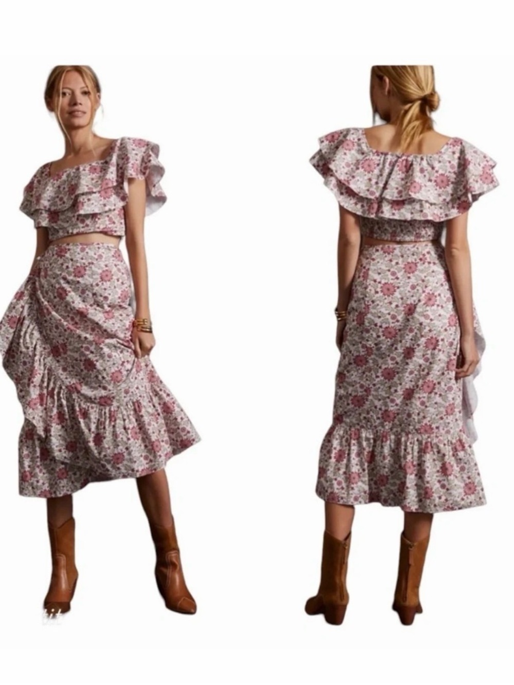 Anthropologie Forever that girl Floral Ruffle Midi Skirt & Top set NWT